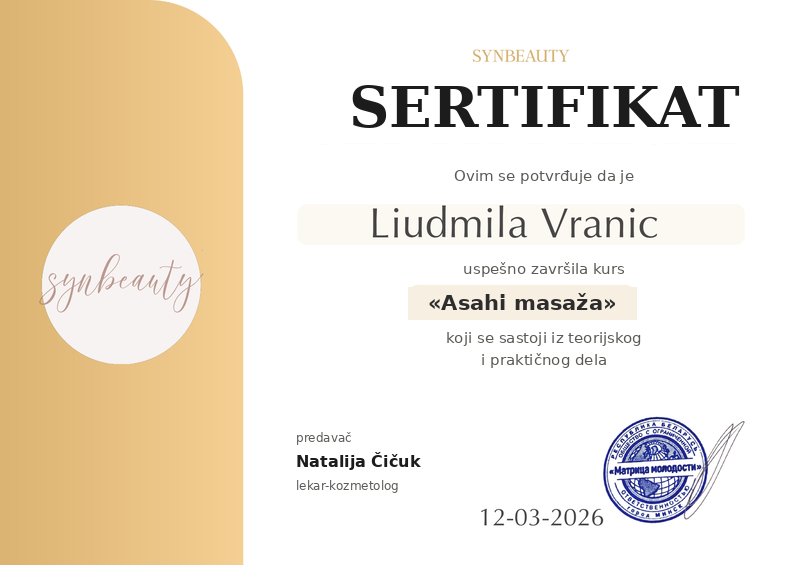 Sertifikat na srpskom — Asahi masaža