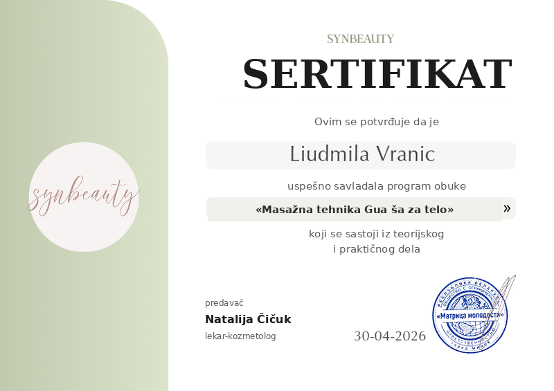 Sertifikat na srpskom — Gua ša telo