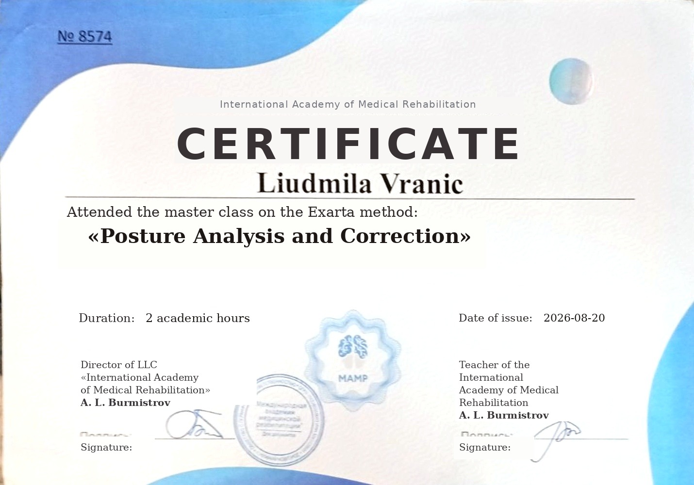 Certificate — Posture Analysis and Correction (Exarta method), English — Liudmila Vranić