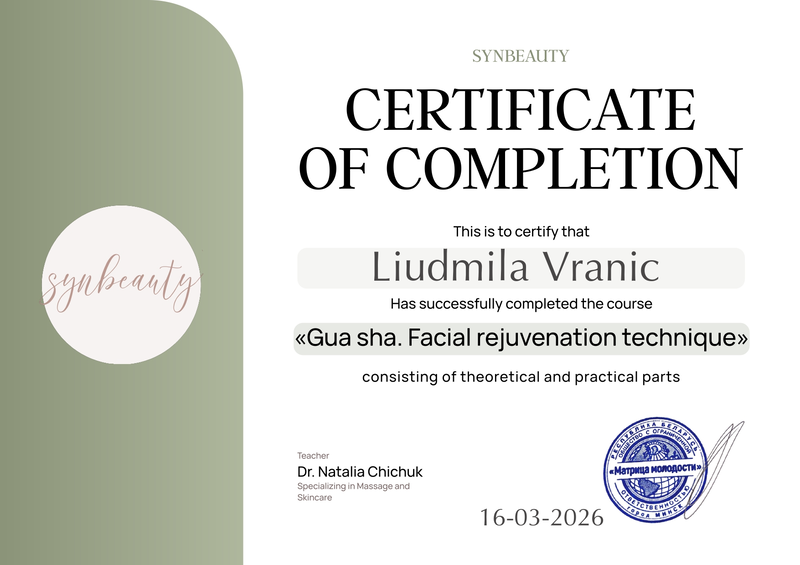 Sertifikat Gua Sha — facial rejuvenation, Liudmila Vranić